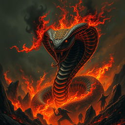 A hauntingly sinister depiction of a cobra snake emerging from the depths of hell, surrounded by swirling flames and dense, black smoke