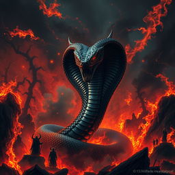 A hauntingly sinister depiction of a cobra snake emerging from the depths of hell, surrounded by swirling flames and dense, black smoke