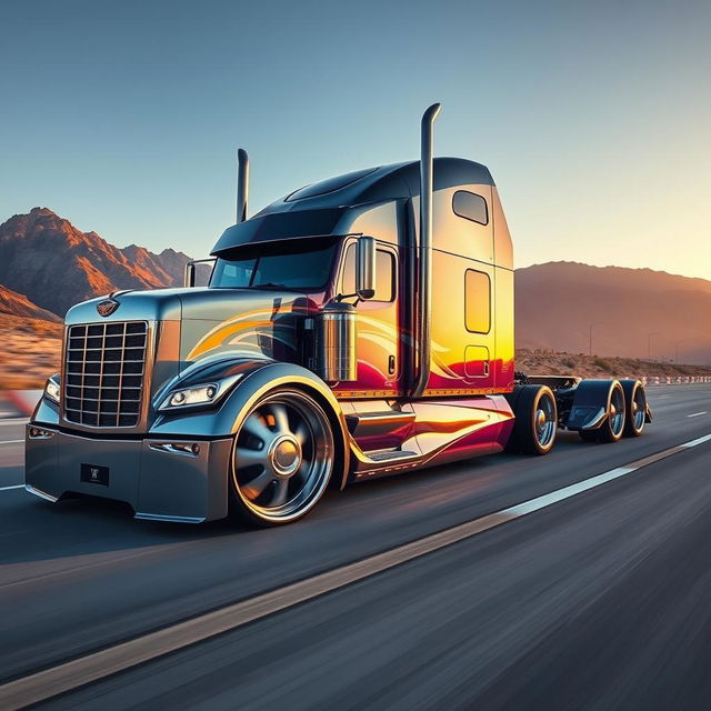 A striking image of a custom cutting-edge semi-truck featuring exceptional rims and wheels