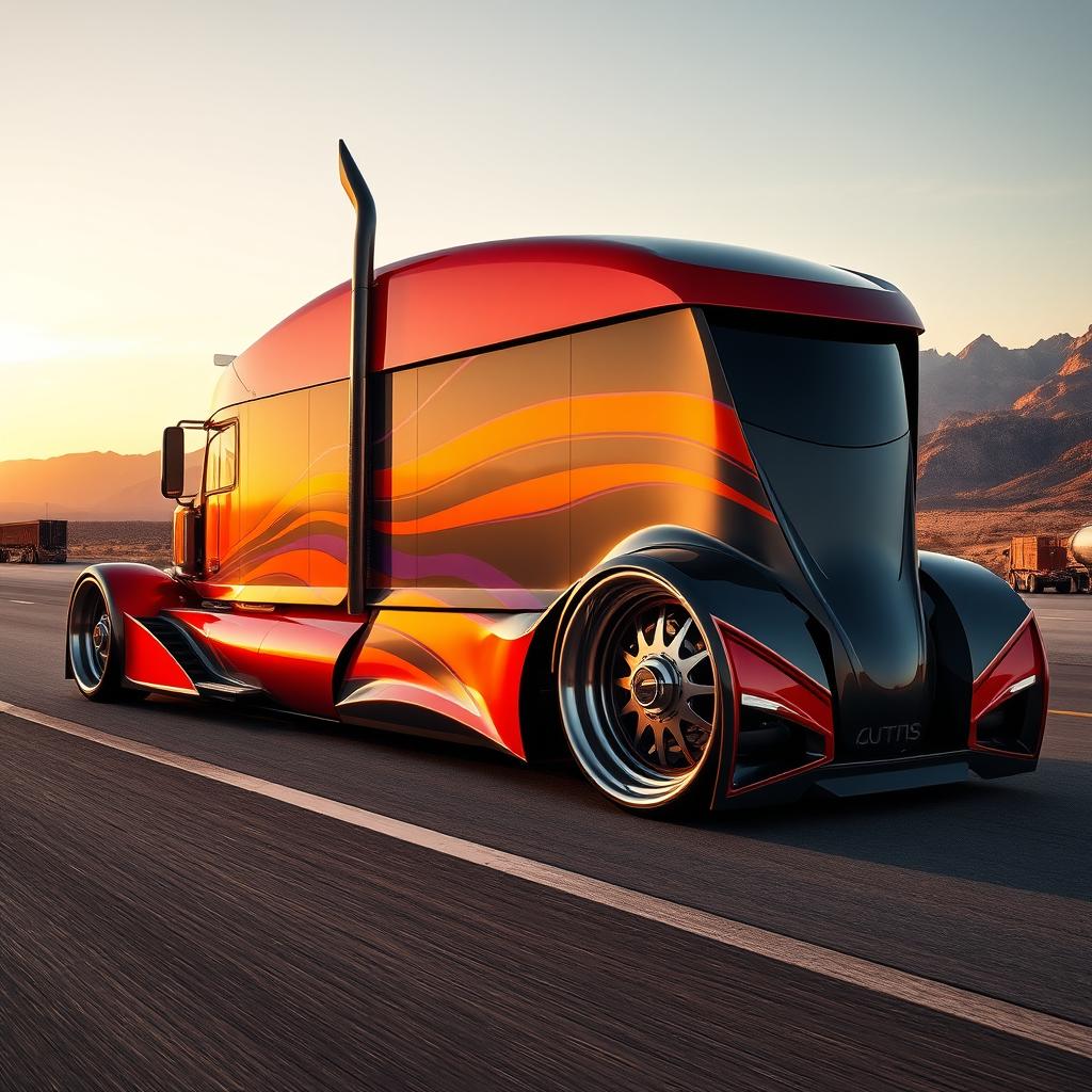 A striking image of a custom cutting-edge semi-truck featuring exceptional rims and wheels