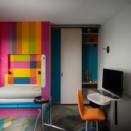 Generate an image of a vibrantly colored 10.65 square meter room equipped with a desk, bed, cupboard, and a 65-inch wall-mounted TV.