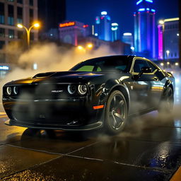 A sleek black Dodge Hellcat parked on a city street at night