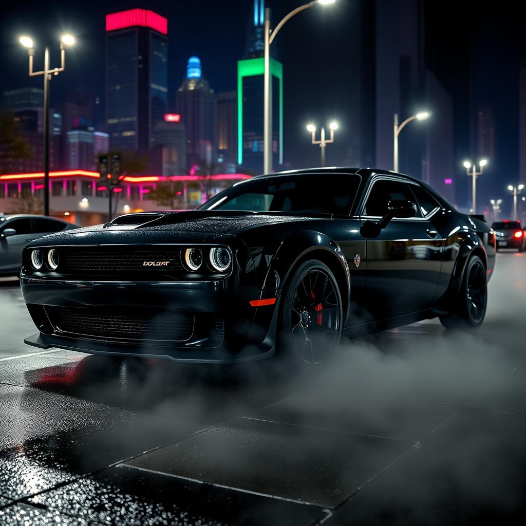 A sleek black Dodge Hellcat parked on a city street at night