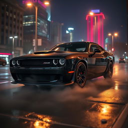 A sleek black Dodge Hellcat parked on a city street at night