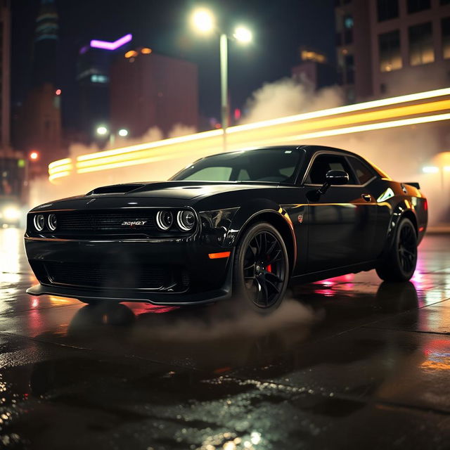 A sleek black Dodge Hellcat parked on a city street at night