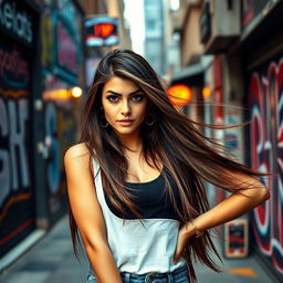 A young woman with long flowing hair, wearing a stylish and fashionable outfit