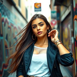 A young woman with long flowing hair, wearing a stylish and fashionable outfit