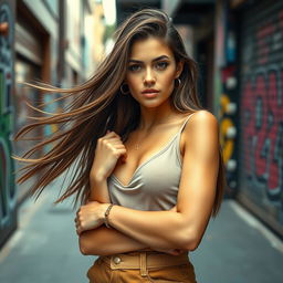 A young woman with long flowing hair, wearing a stylish and fashionable outfit