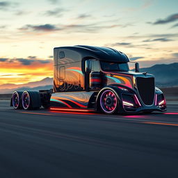 A powerful and futuristic custom cutting-edge semi-truck featuring eye-catching rims and wheels