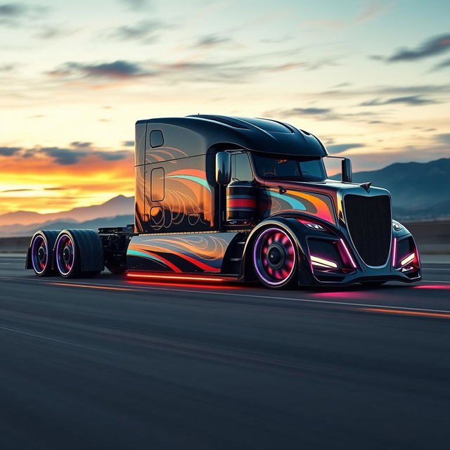 A powerful and futuristic custom cutting-edge semi-truck featuring eye-catching rims and wheels