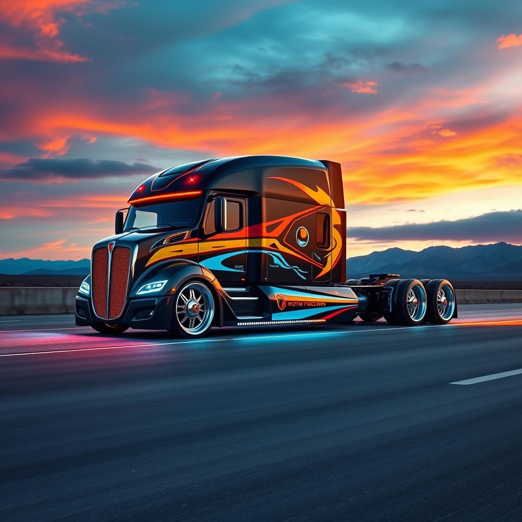 A powerful and futuristic custom cutting-edge semi-truck featuring eye-catching rims and wheels