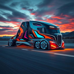 A powerful and futuristic custom cutting-edge semi-truck featuring eye-catching rims and wheels