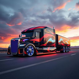 A powerful and futuristic custom cutting-edge semi-truck featuring eye-catching rims and wheels