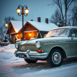 A classic Volga car parked on a snowy Russian street during winter