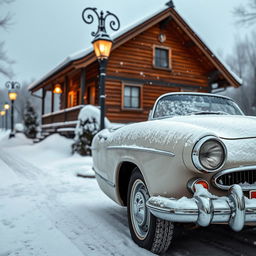 A classic Volga car parked on a snowy Russian street during winter