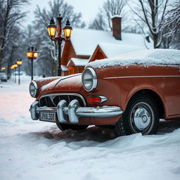 A classic Volga car parked on a snowy Russian street during winter