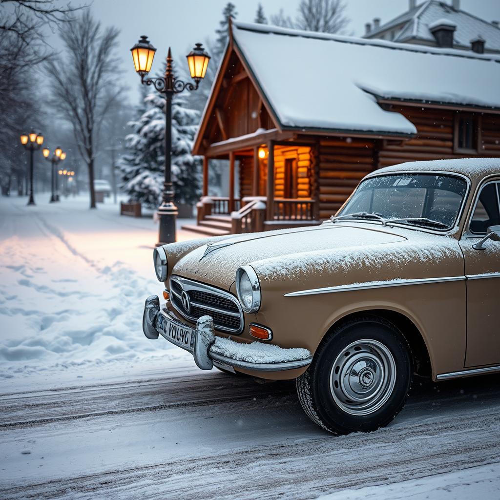 A classic Volga car parked on a snowy Russian street during winter