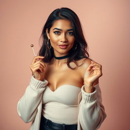 A confident young woman with a playful expression, featured in a tastefully artistic setting