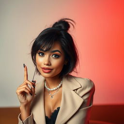 A confident young woman with a playful expression, featured in a tastefully artistic setting