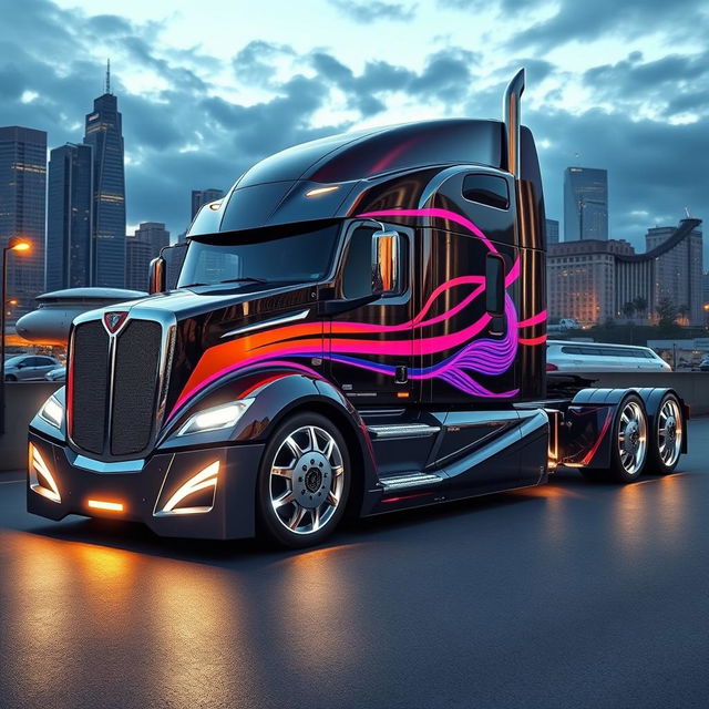 A stunning custom cutting-edge semi-truck, featuring bold and innovative rims and wheels