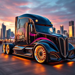 A stunning custom cutting-edge semi-truck, featuring bold and innovative rims and wheels