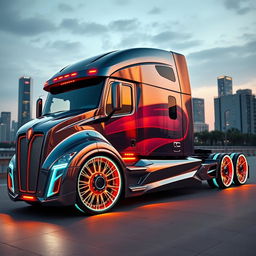 A stunning custom cutting-edge semi-truck, featuring bold and innovative rims and wheels