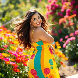 A curvy girl posing confidently in a vibrant summer dress, standing in a sunlit garden filled with colorful flowers
