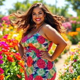 A curvy girl posing confidently in a vibrant summer dress, standing in a sunlit garden filled with colorful flowers