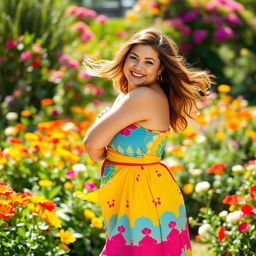 A curvy girl posing confidently in a vibrant summer dress, standing in a sunlit garden filled with colorful flowers