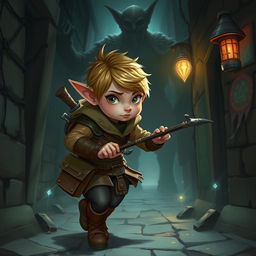 A whimsical scene depicting a young Halfling rogue with short hair, engaging in stealthy activities