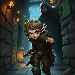A whimsical scene depicting a young Halfling rogue with short hair, engaging in stealthy activities