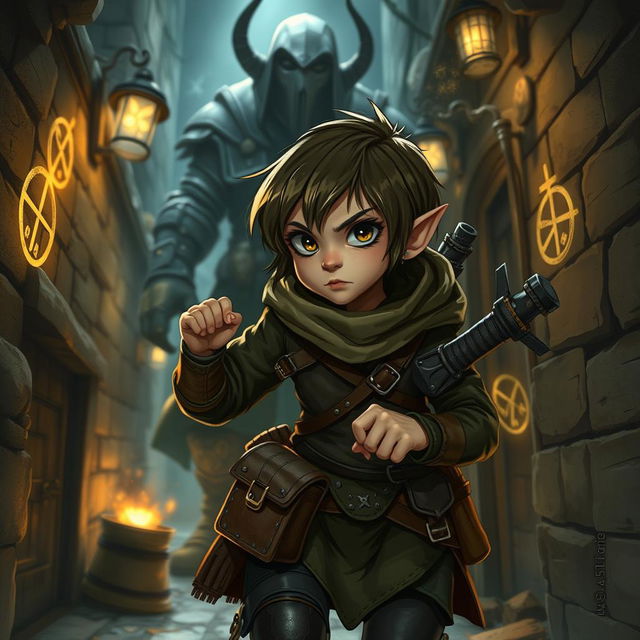 A whimsical scene depicting a young Halfling rogue with short hair, engaging in stealthy activities