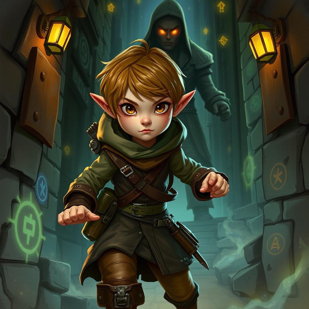 A whimsical scene depicting a young Halfling rogue with short hair, engaging in stealthy activities