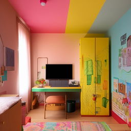 Generate an image of a vibrantly colored 10.65 square meter room equipped with a desk, bed, cupboard, and a 65-inch wall-mounted TV.