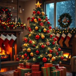 A beautifully decorated Christmas tree, adorned with vibrant ornaments in shades of red, gold, and green