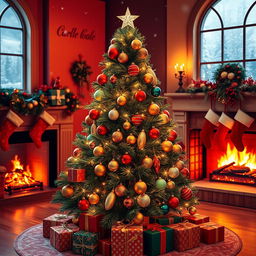 A beautifully decorated Christmas tree, adorned with vibrant ornaments in shades of red, gold, and green