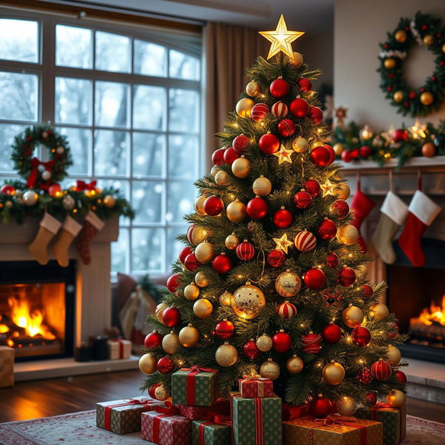 A beautifully decorated Christmas tree, adorned with vibrant ornaments in shades of red, gold, and green