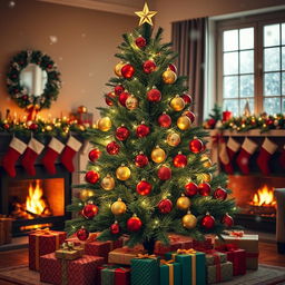 A beautifully decorated Christmas tree, adorned with vibrant ornaments in shades of red, gold, and green