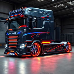 A custom cutting-edge Scania semi-truck featuring unique, eye-catching rims and wheels