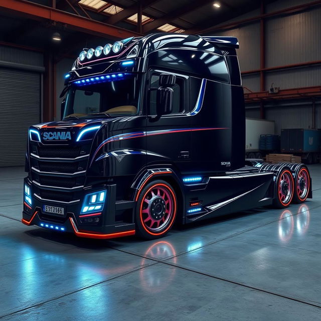 A custom cutting-edge Scania semi-truck featuring unique, eye-catching rims and wheels