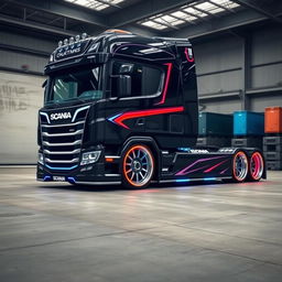 A custom cutting-edge Scania semi-truck featuring unique, eye-catching rims and wheels