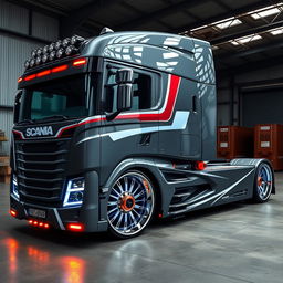 A custom cutting-edge Scania semi-truck featuring unique, eye-catching rims and wheels
