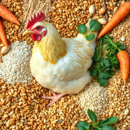 A realistic depiction of chicken feed, with a central focus on a laying hen among various poultry feed components