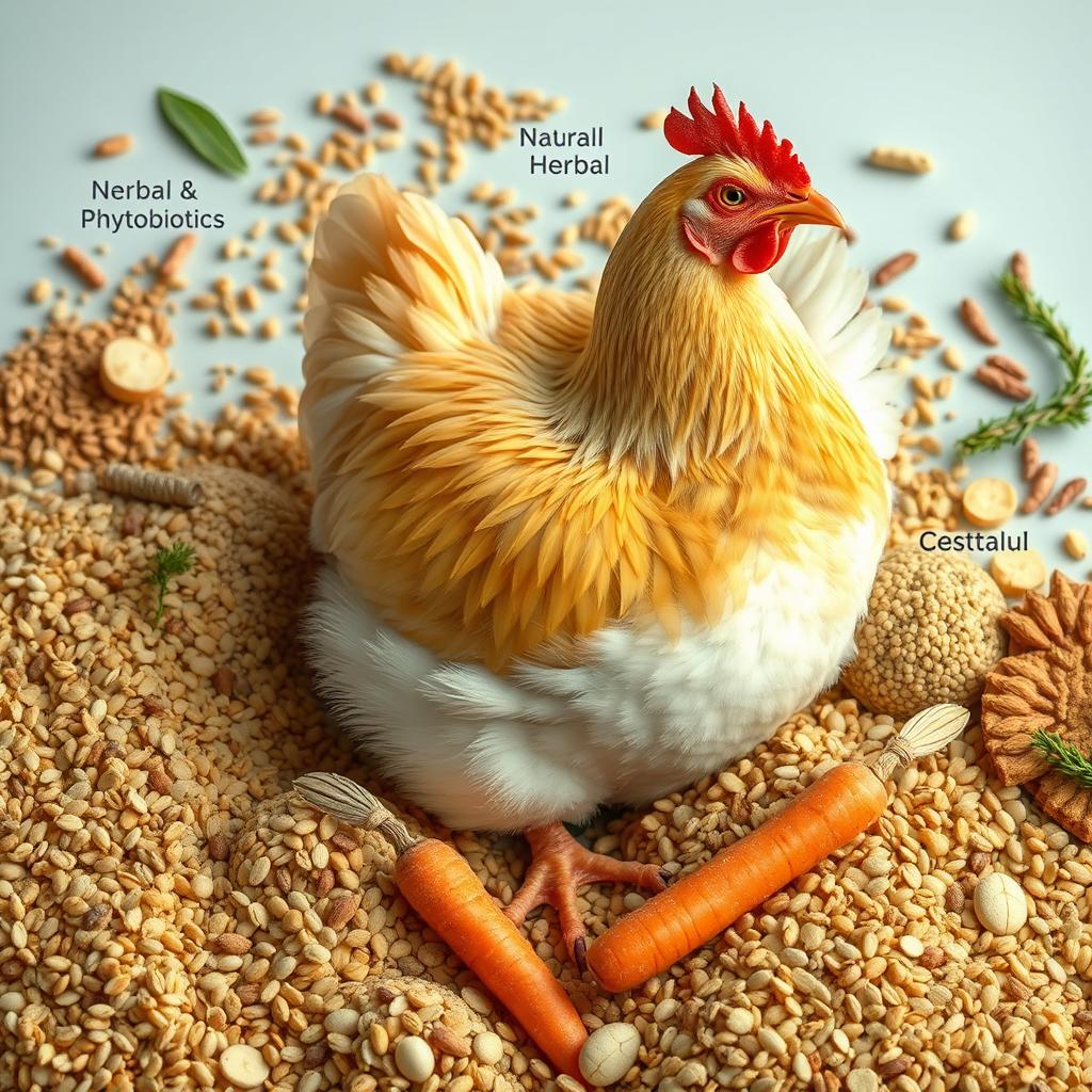 A realistic depiction of chicken feed, with a central focus on a laying hen among various poultry feed components