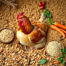 A realistic depiction of chicken feed, with a central focus on a laying hen among various poultry feed components