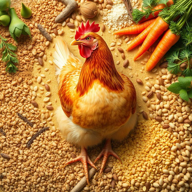 A realistic depiction of chicken feed, with a central focus on a laying hen among various poultry feed components