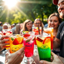A refreshing scene depicting a lively outdoor gathering where people enjoy a variety of thirst-quenching beverages labeled 'Haus'