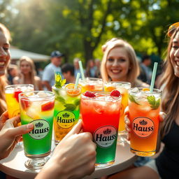 A refreshing scene depicting a lively outdoor gathering where people enjoy a variety of thirst-quenching beverages labeled 'Haus'