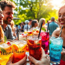 A refreshing scene depicting a lively outdoor gathering where people enjoy a variety of thirst-quenching beverages labeled 'Haus'