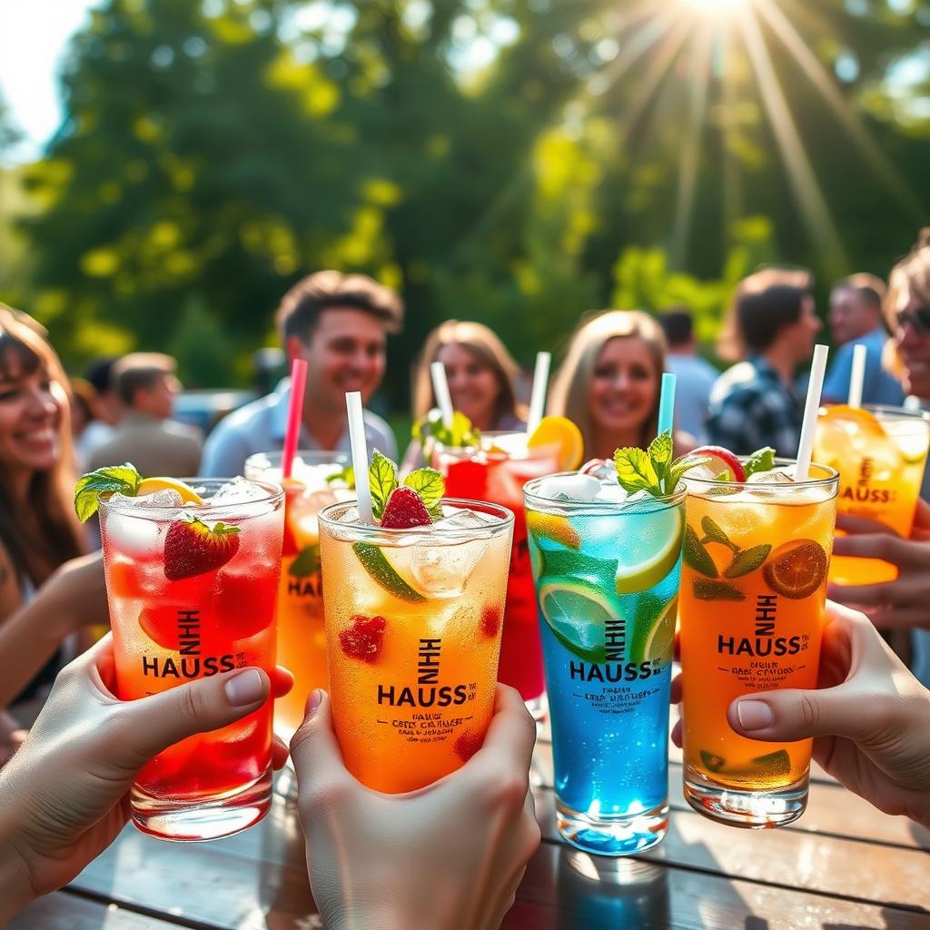 A refreshing scene depicting a lively outdoor gathering where people enjoy a variety of thirst-quenching beverages labeled 'Haus'